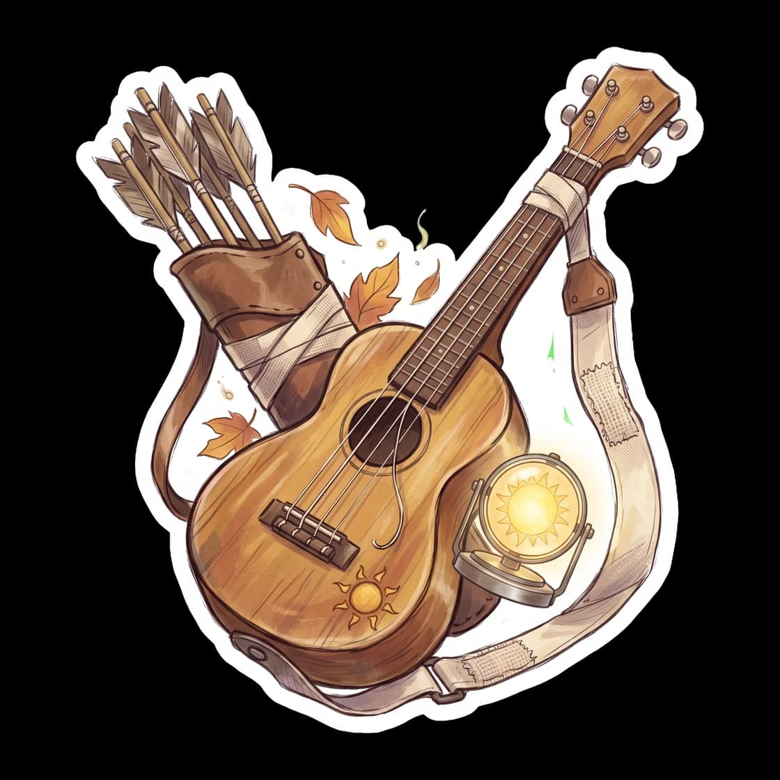 A simple, well-worn wooden ukulele sits quietly, ready for the next campfire singalong. It captures the warm, musical spirit of the Apollo cabin and the comforting presence of a dedicated healer who k