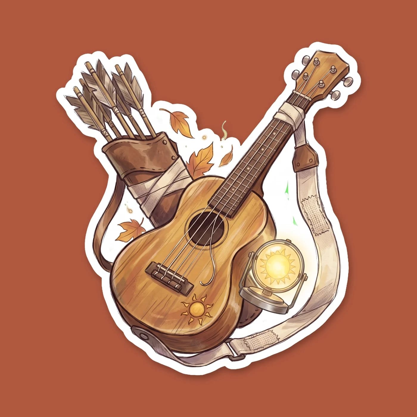 A simple, well-worn wooden ukulele sits quietly, ready for the next campfire singalong. It captures the warm, musical spirit of the Apollo cabin and the comforting presence of a dedicated healer who k, view 2