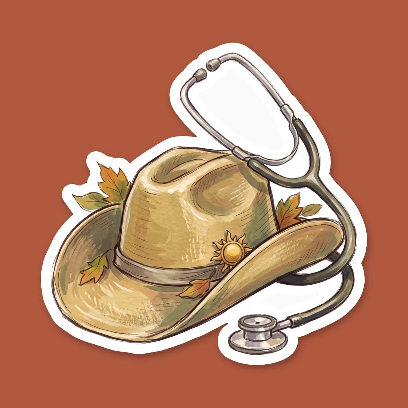 A classic southern cowboy hat rests beside a coiled stethoscope in this soothing design. It honors the head healer of the camp, blending his serious medical duties with his sunny, relaxed roots., view 2