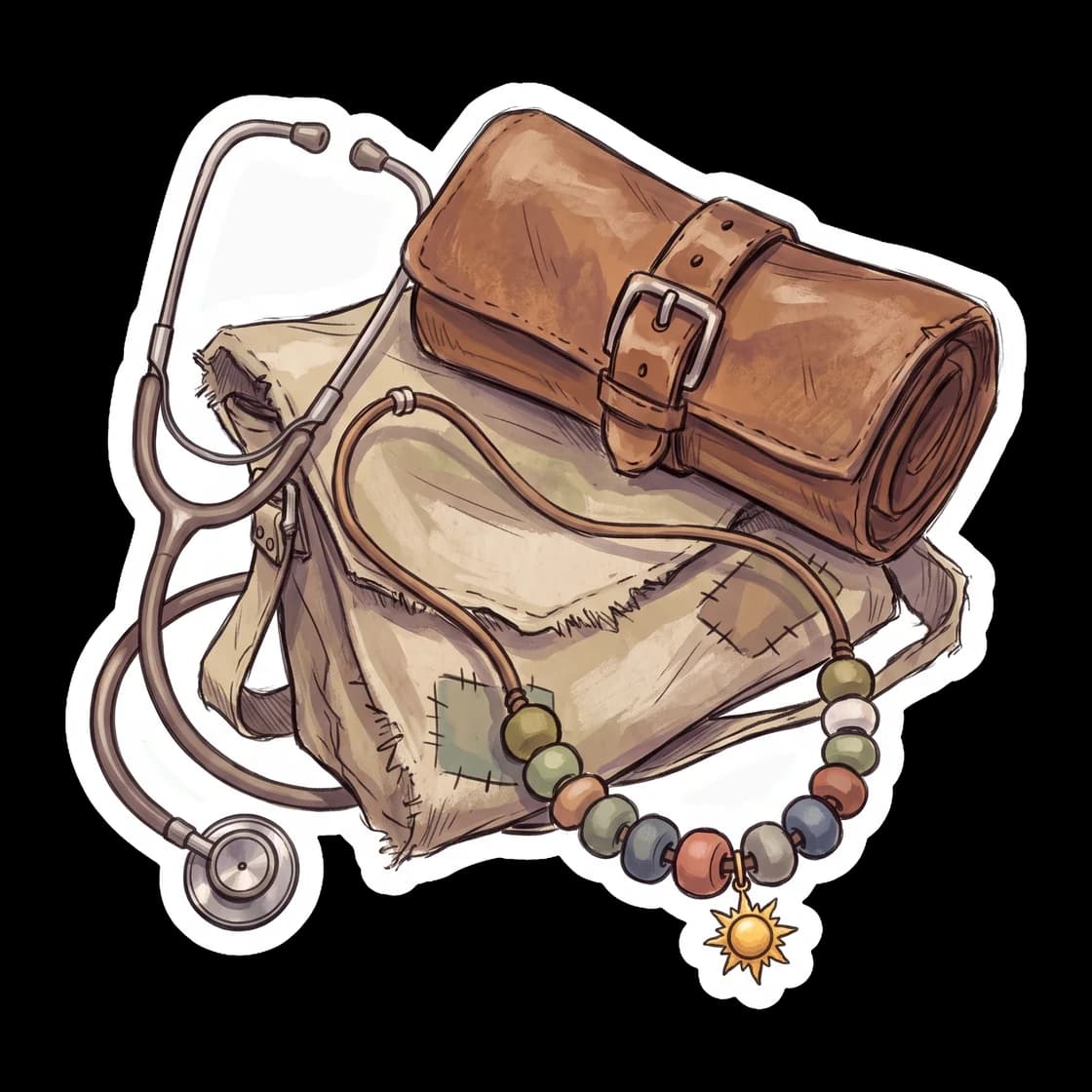 A leather cord displays years of hand-painted camp beads, finished with a bright bronze sun charm. It serves as a reminder of many summers spent healing friends and protecting the borders of the only