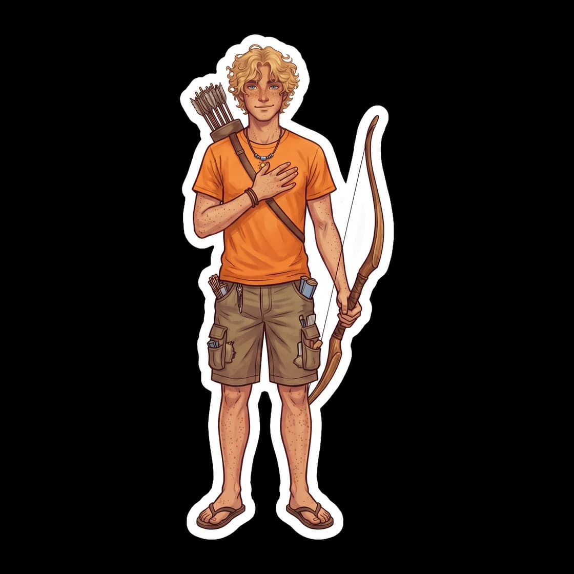 Will stands proudly in front of the golden Apollo cabin, holding a clipboard and looking over his morning counselor duties. He wears his signature bead necklace and orange camp shirt, perfectly embody