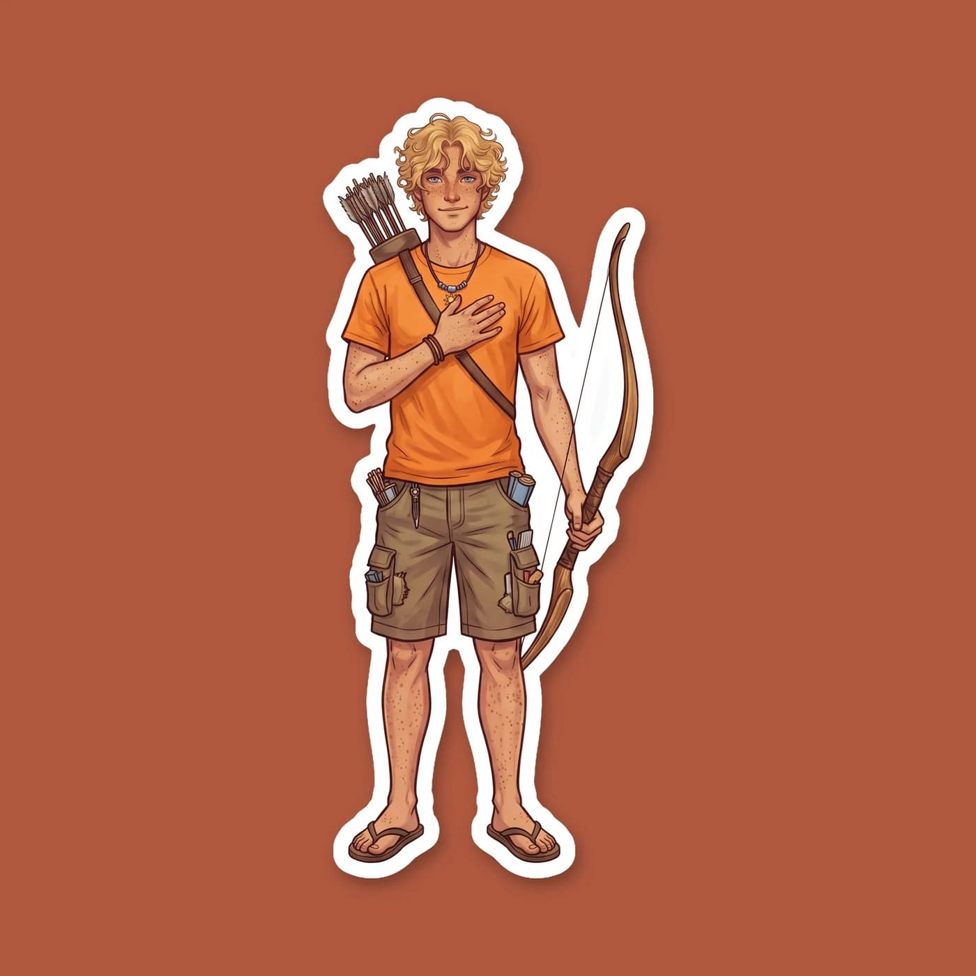 Will stands proudly in front of the golden Apollo cabin, holding a clipboard and looking over his morning counselor duties. He wears his signature bead necklace and orange camp shirt, perfectly embody, view 2