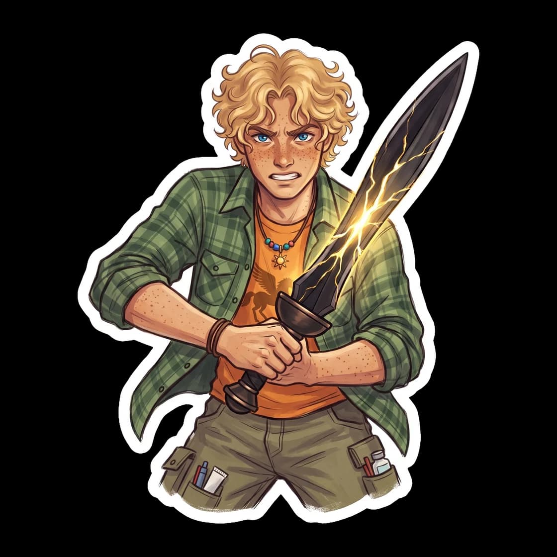 Will holds a sun-forged blade that glows with the fierce heat of Apollo, standing ready to defend his friends. This art highlights the rare but striking moments when the gentle healer steps up to the
