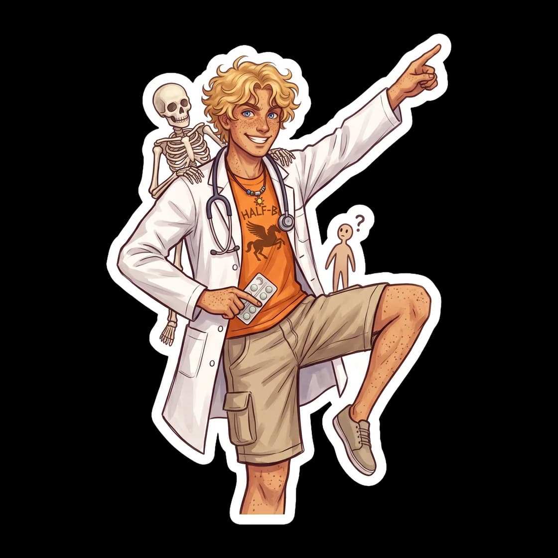 Will looks on with a mix of awe and mild concern as a small troupe of skeletons performs an impromptu dance routine. It perfectly captures the contrast between his sunny disposition and the delightful
