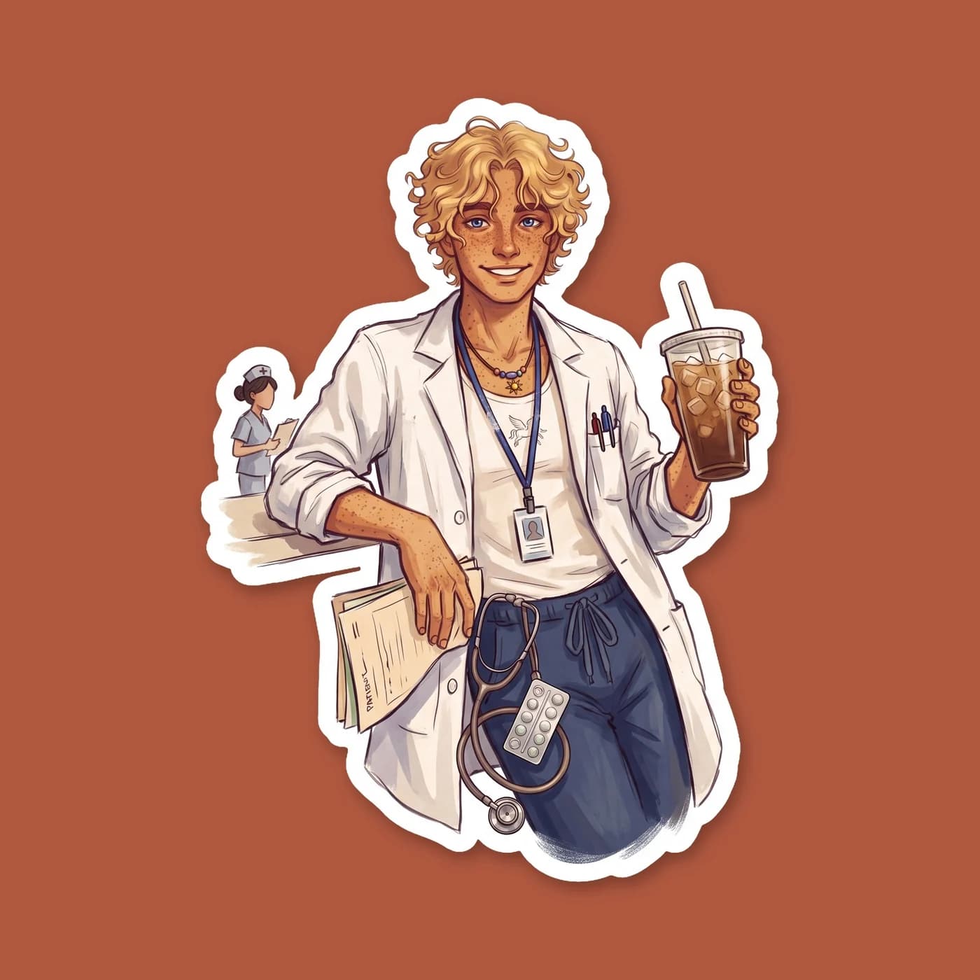 An older Will Solace is shown in standard blue hospital scrubs, looking tired but fulfilled during an earthly hospital rotation. It offers a glimpse into a peaceful future where he pursues his medical, view 2