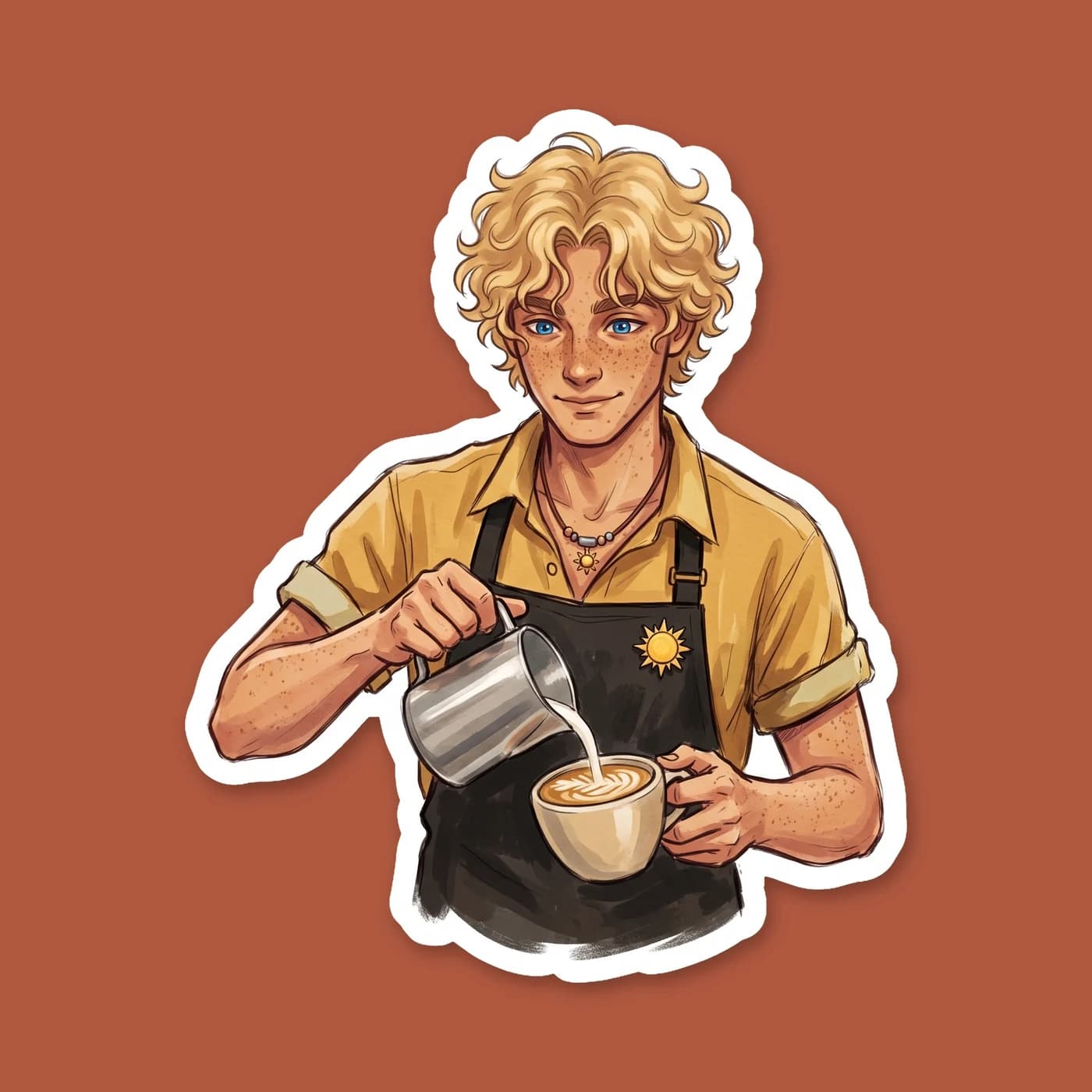 Will Solace leans against the counter of the Apollo cabin, brewing a fresh cup of morning coffee. He wears his signature camp necklace and a soft, oversized sweater, looking perfectly at home as the e, view 2