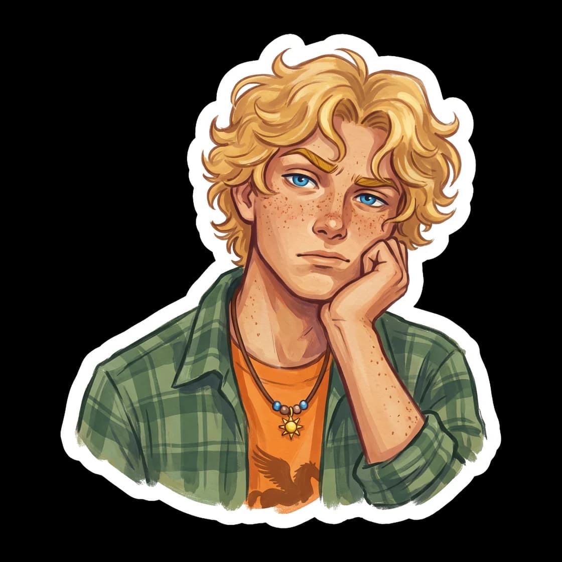 Will gives a signature deadpan stare, capturing the exact moment he has had enough of Nico's underworld shadow travel nonsense. His arms are crossed in his orange camp shirt, brow raised in an express